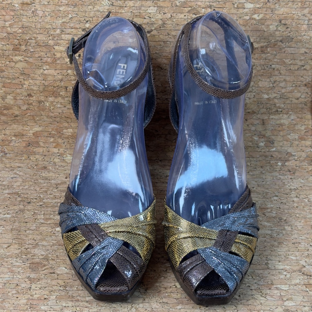 Fendi Snakeskin Platform Heels EU 40 | Metallic Ankle Strap Italy